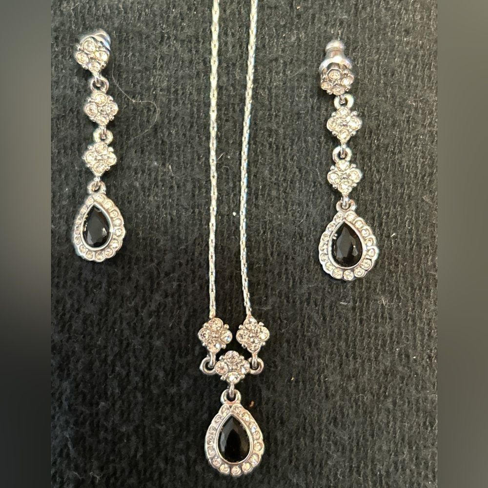 MONET, Earring/Necklace Set. Black, Silver and Cubic Zirconia Rhinestones.